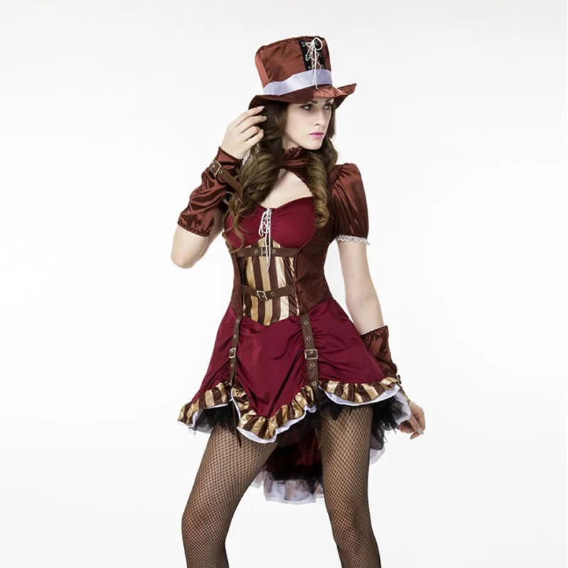 

Adult Women Sexy Cool Steampunk Western Cowboy Cowgirl Costume Short Claret Dress Ladies Fancy Carnival Party Outfit For Female