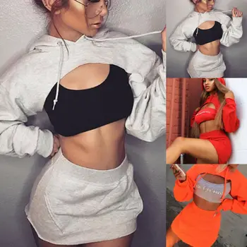 

New Fashion 2019 Autumn Hoodies Sets Clothes Female Long Sleeve Cotton Crop Top Hot Skirt Bodycon Two Piece Street Wear Sets