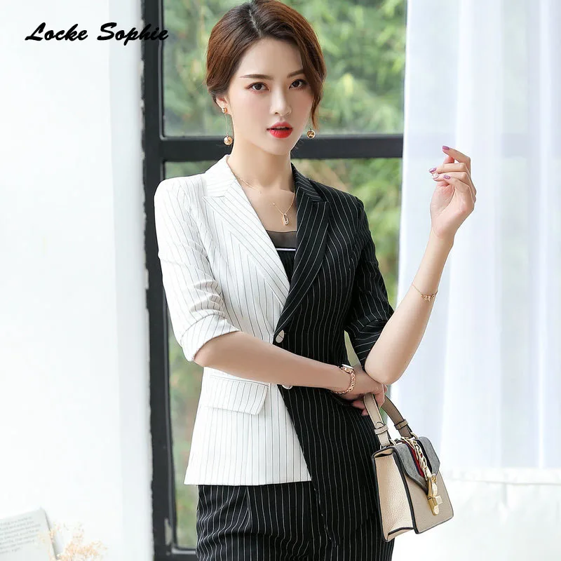 1pcs Women's Blazers coats 2019 Summer cotton Splicing irregular stripe Small Suits jackets ladies Skinny Blazers Suits coats