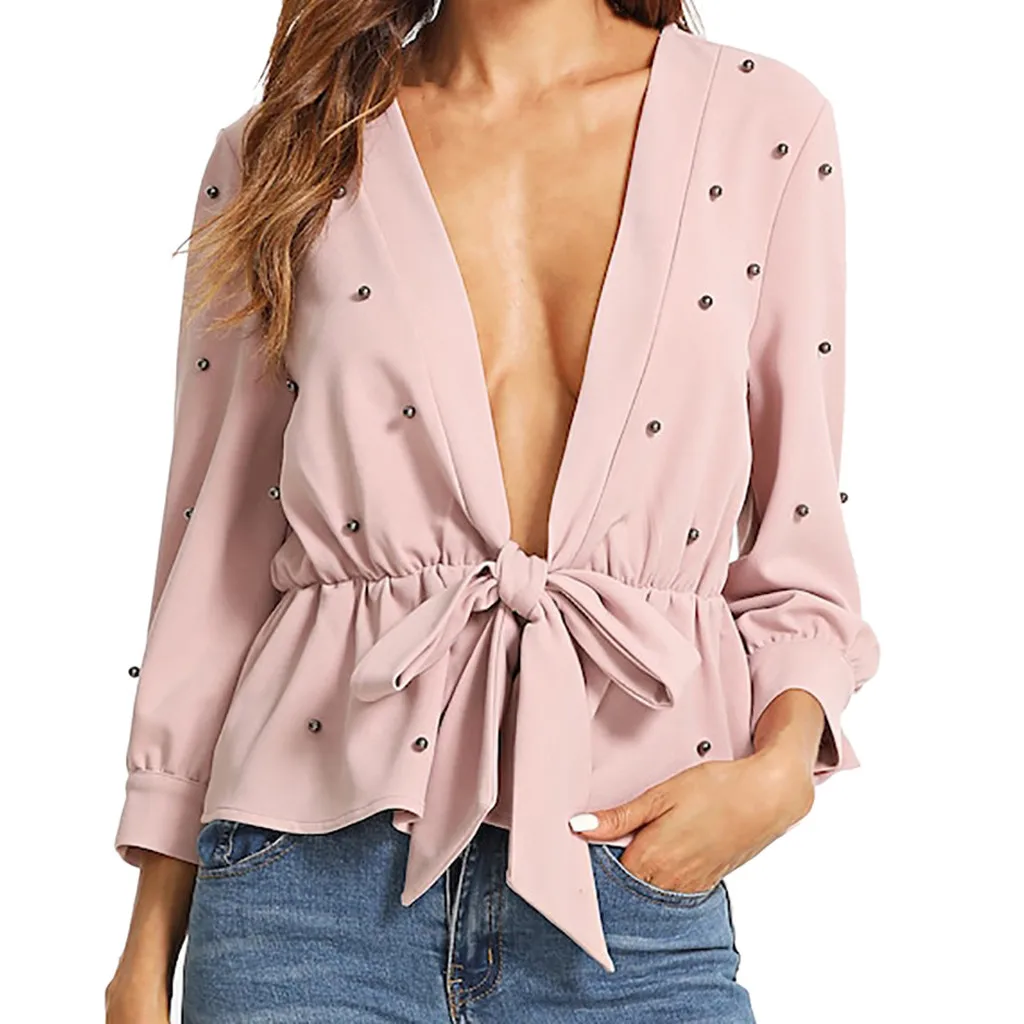 

CHAMSGEND Sexy Women Blouse Fashion Women Solid V-Neck Three Quarter Beading Bow Bandage Top Casual Wild Chiffon Top Ja29