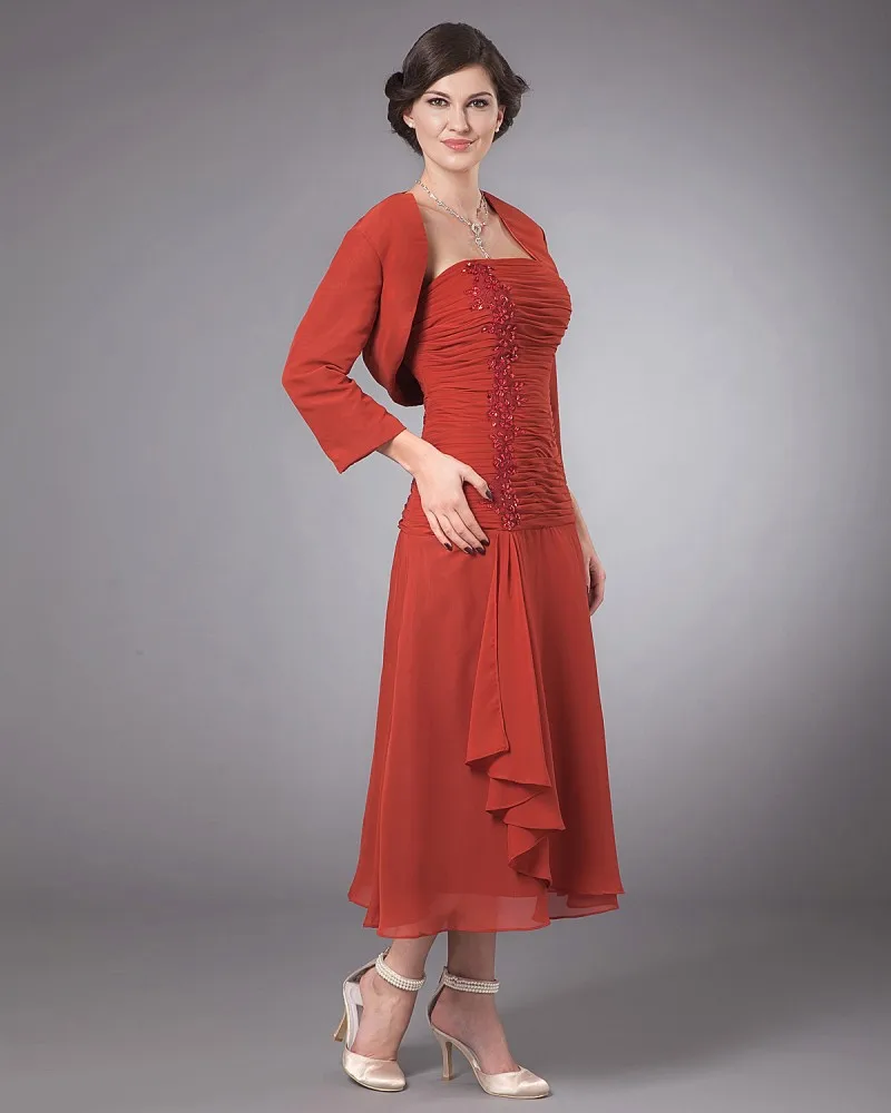 Ankle length A line chiffon appliques sleeveless