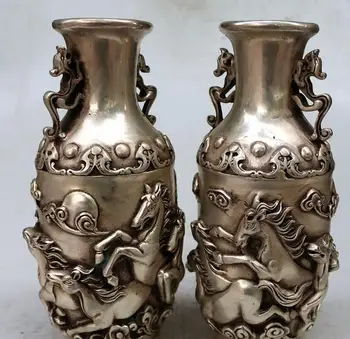 

Antique Old 18C Silver vase,a pair of carve Horse bottle,hand crafts,best collection&adornment,free shipping