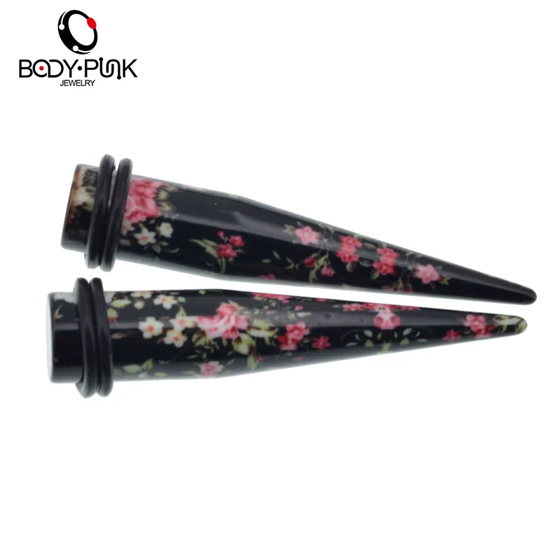 BODY PUNK Sapphire Pink Flower Print Acrylic Taper Ear Expander Piercing Taper Plugs Tunnel Kit Stretcher Gauges Body Jewelry 3