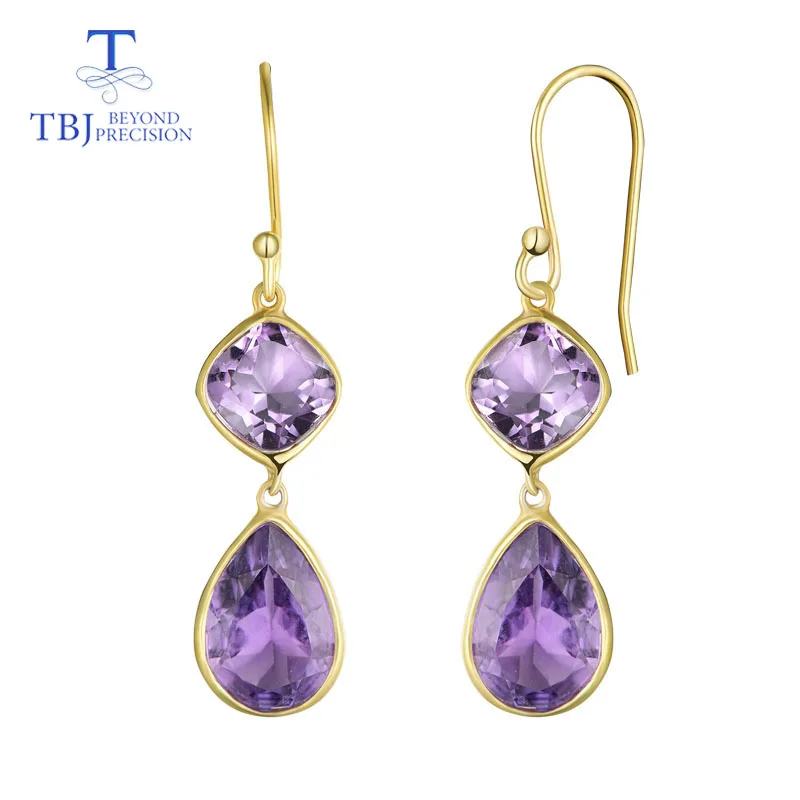 

TBJ,natural gemstone africa amethyst hook earrings 925 sterling silver yellow color long pattern fashion fine jewelry for woman
