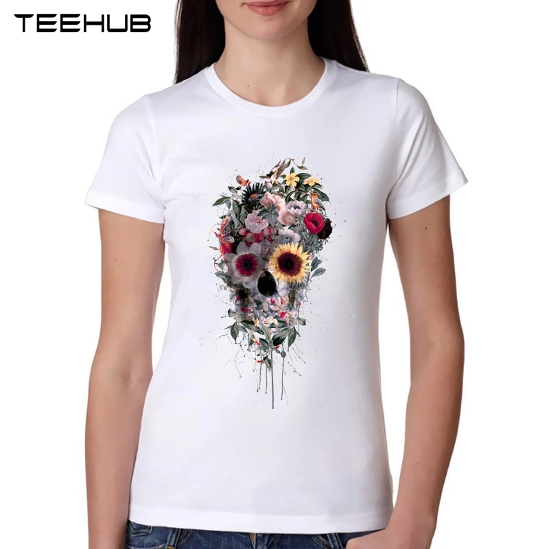 

TEEHUB Floral Skull Printed Women T-Shirt Short Sleeve Novelty Lady Tops Funny Casual Geek Tee For Girls