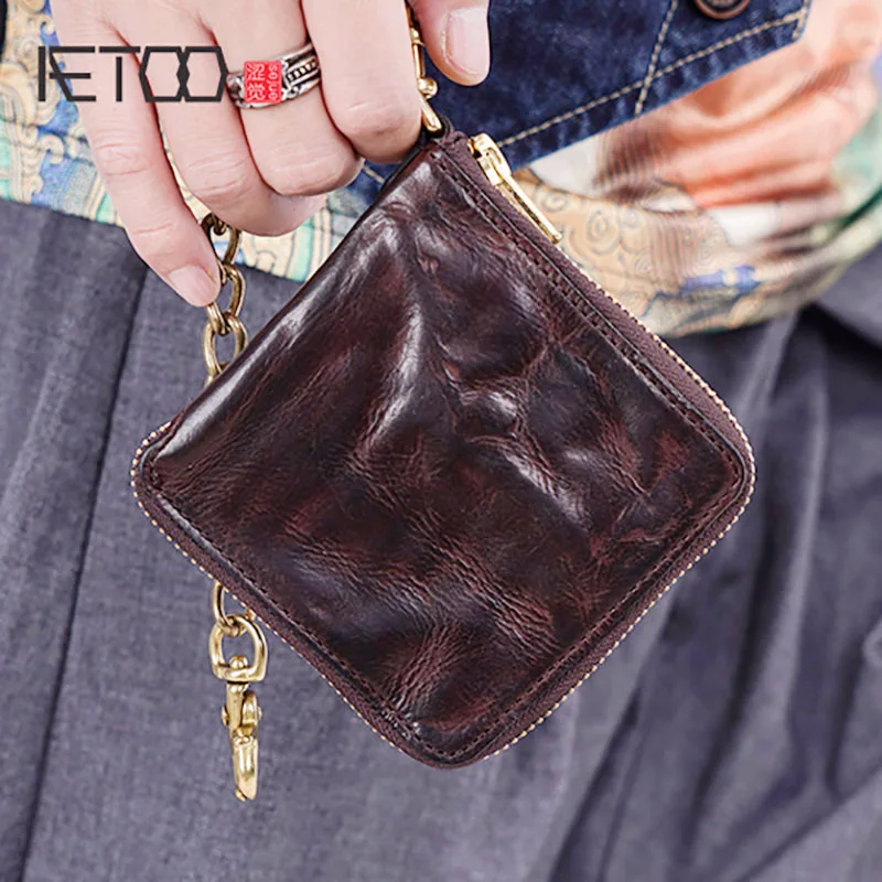 

AETOO Handmade retro short zipper wallet masculinity youth soft cowhide thin money clip casual Simple Change coin bag