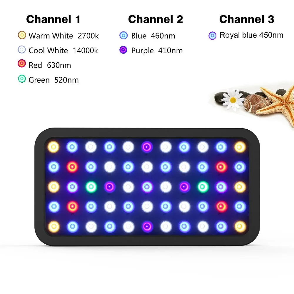 - Populargrow 165w  Bluetooth Control Dimmable LED Aquarium Light Marine Light with Three Channels Five Modes for Coral Fish Tank