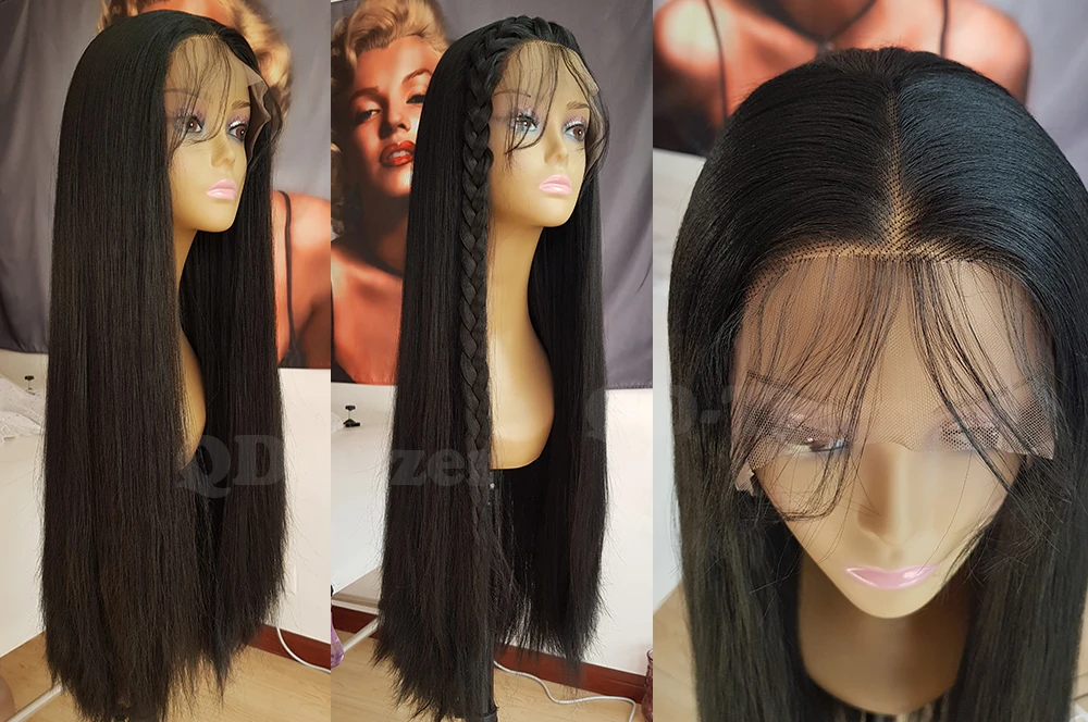 QD-Tizer Long Yaki Straight Hair Black Color Synthetic Lace Front Wigs Glueless Soft 180 Density Lace Front Wig Yaki Hair for Women6
