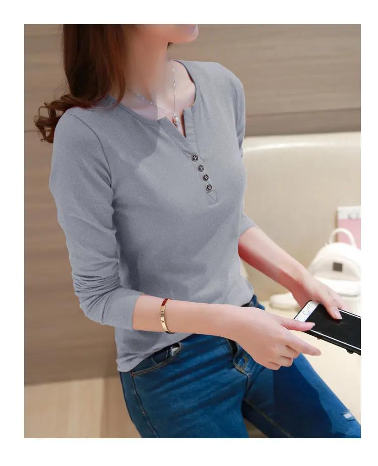 Tee Shirt Femme T-shirt Autumn Tops Tee Female Tshirt V-neck Long Sleeve Buttons Tshirts Casual Large Size Camisetas Mujer 2019 (13)