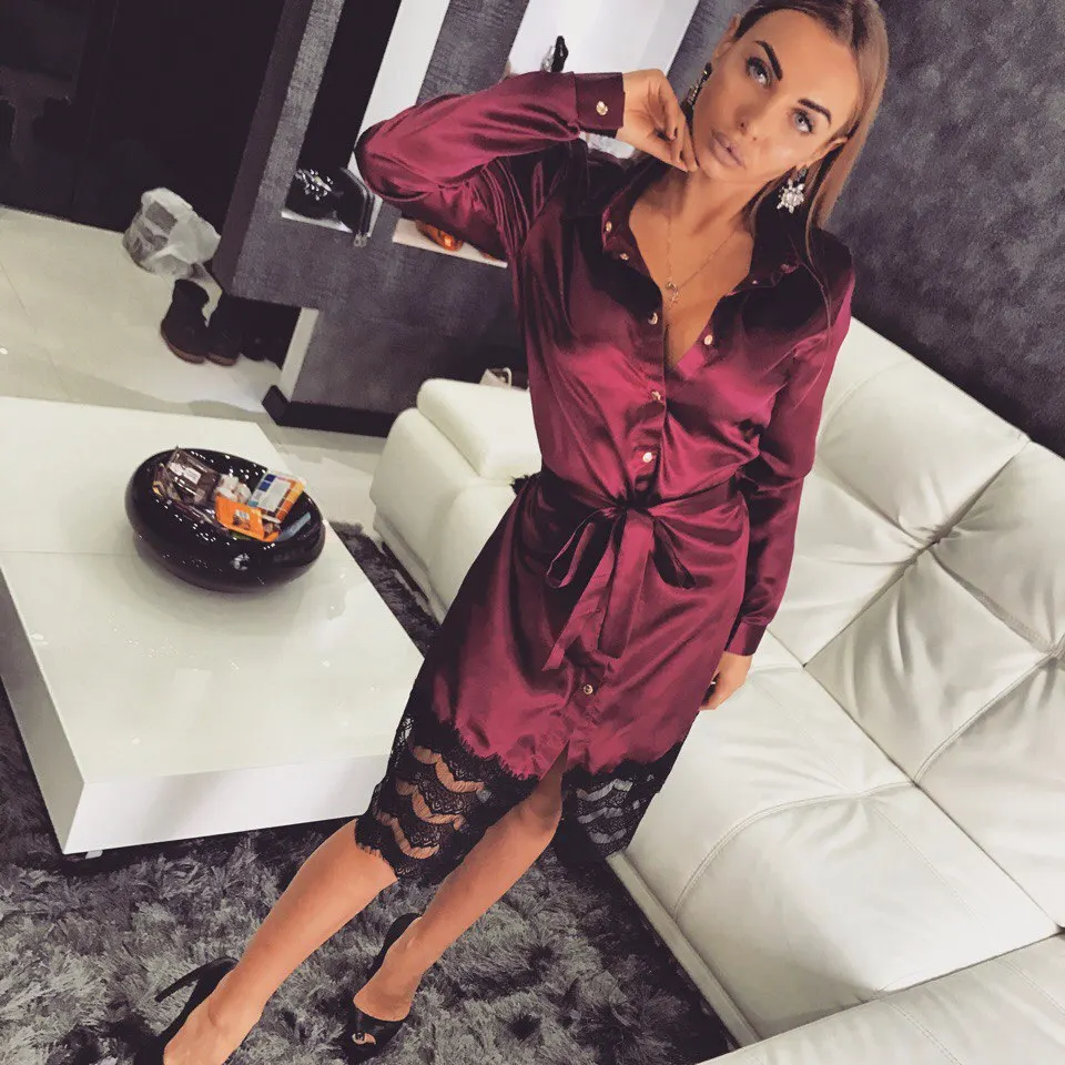 

BKLD Satin Belt Midi Dress Elegant Vintage Shirt Dress 2018 Autumn Long Sleeve Lace Patchwork Sexy Sleepwear Women Lace Up Dress
