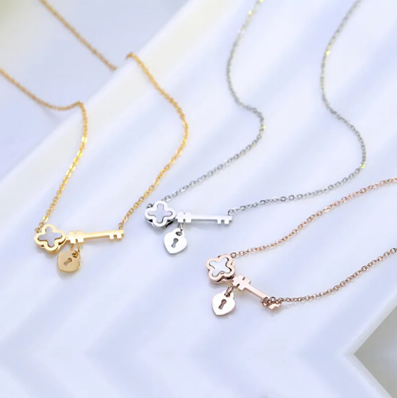 

Somsoar Jewelry Four Leaf Clover Key Lock Stainless Steel Shell Pendant Chain Necklace as Valentine's day Gift 10pcs/lot