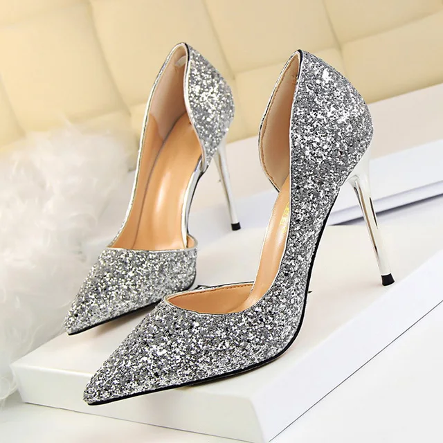 LAKESHI/женские туфли-лодочки; пикантная Свадебная обувь; шикарные женские туфли на очень высоком каблуке; женские туфли на шпильке с золотыми блестками и градиентом - Цвет: Серебристый