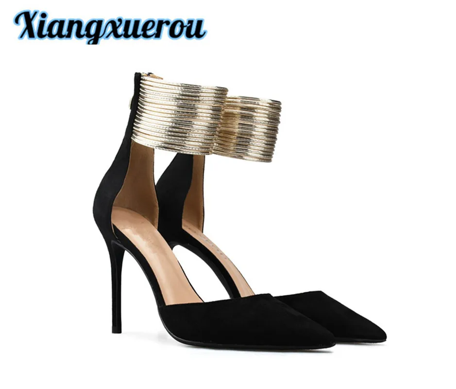 

XiangxuerouEarly spring new style suede ankle strap with pointed end, zipper style women's sandals.