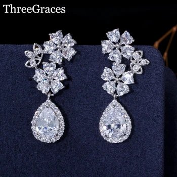 

ThreeGraces Fashion Bridal Jewelry Accessories White Gold Color CZ Stone Women Flower Peardrop Wedding Earrings For Brides ER044