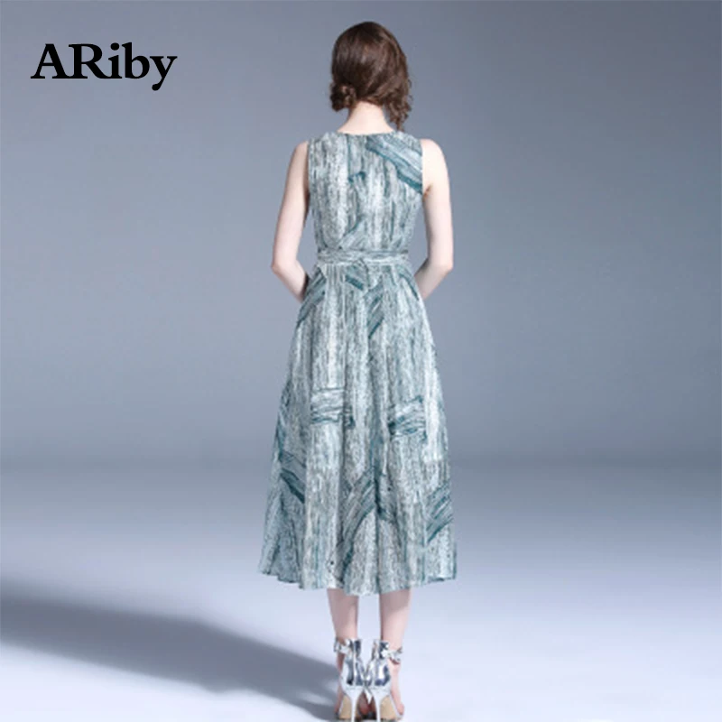Women Dress ARiby 2019 Summer New Fashion Office Lady Chiffon Elegant Slim Dress Sleeveless Printed Mid-Calf Sashes A-Line Dress