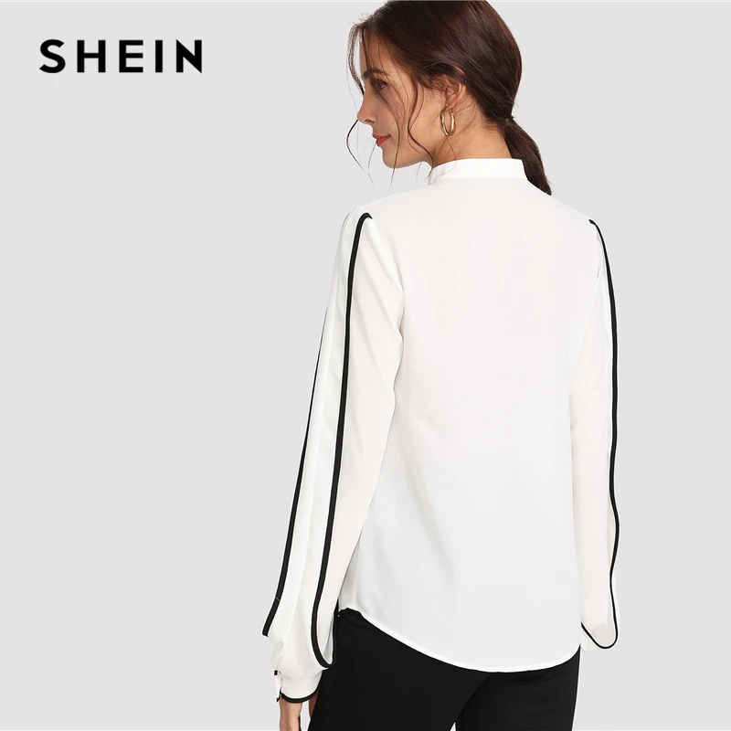 SHEIN Белая Блузка С Элегантным Воротником Стойкой Осенний Топ Длинными Рукавами И