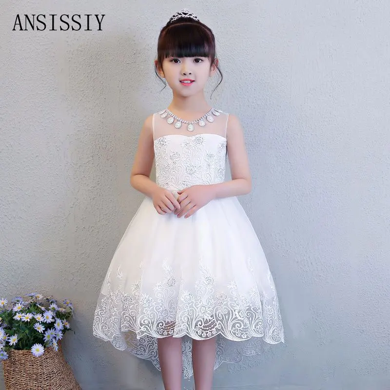 

Summer Flower Girls Dresses For Wedding White Trailing Lace Kids Formal Birthday Party Princess First Communion Gown Vestido
