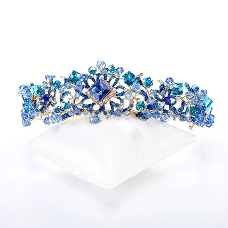  Handmade Elegance Crystal Hair Crown Tiara Blue/Red Princess Rhinestone Hair Ornaments Hairband Pro