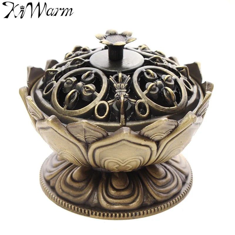 Retro Traditional Chinese Lotus Metal Incense Burner Holder Flower Statue Censer Ornaments