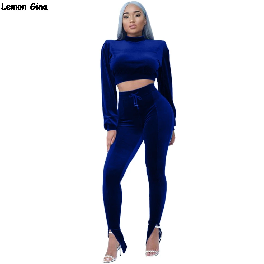 

women velvet long sleeve short crop top open split hem drawstring high waist pencil long pants two pieces sets tracksuits DN8179
