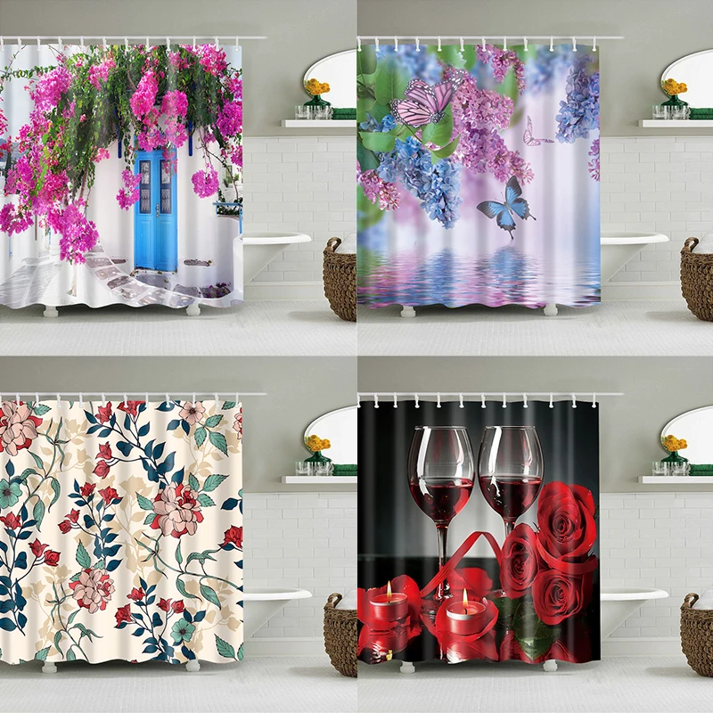 

Flowers Printed Mildewproof Shower Curtain Waterproof Polyester Butterfly Curtain Bathroom Curtain With Hooks Home Decoration