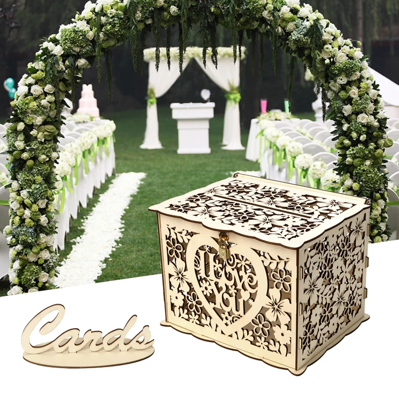 

Hot Wedding Gift Card Post Wooden Collection Wooden Money Box with Lock Beautiful Wedding Decoration Supplies for Wedding Party