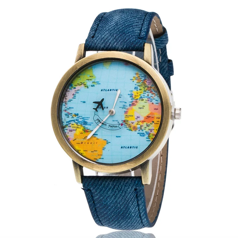 EEY Мода ретро дамы деним часы Повседневное Global Travel на самолете Map Для мужчин и
