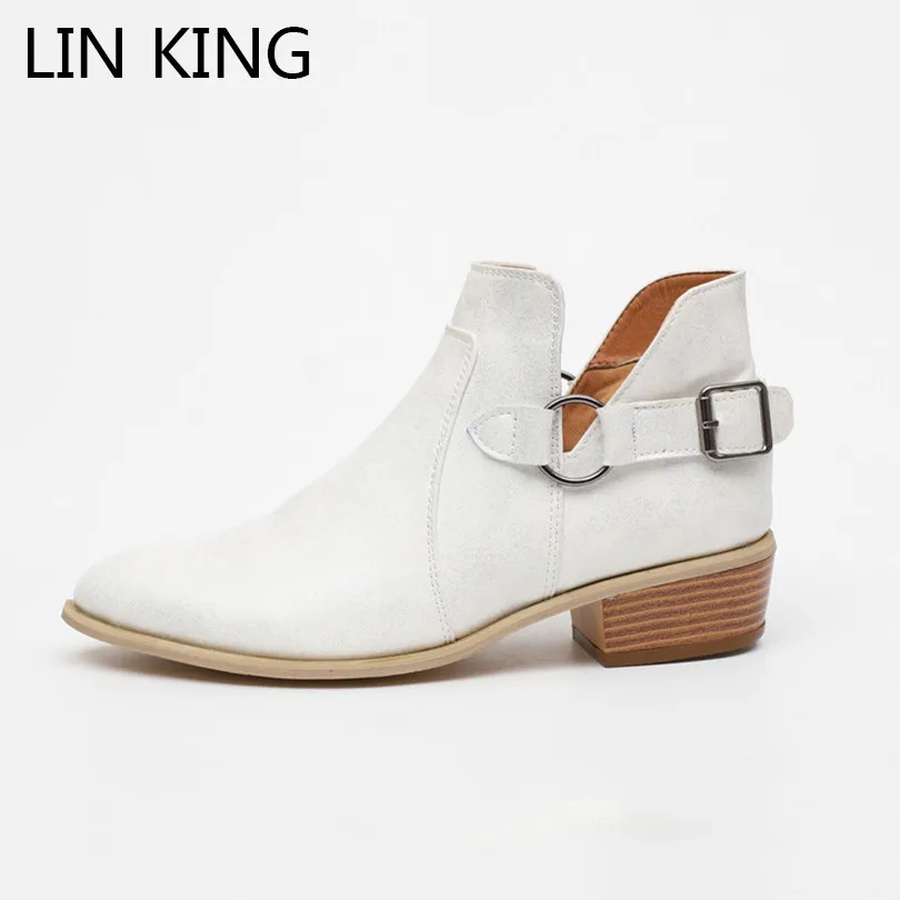 LIN KING Plus Size Punk Women Western Boots Square Heel Buckle Martin Boots Pointed Toe Motorcycle Boots Short Botas For Female LIN KING Plus Size Punk Women Western Boots Square Heel Buckle Martin Boots Pointed Toe Motorcycle Boots Short Botas For Female
