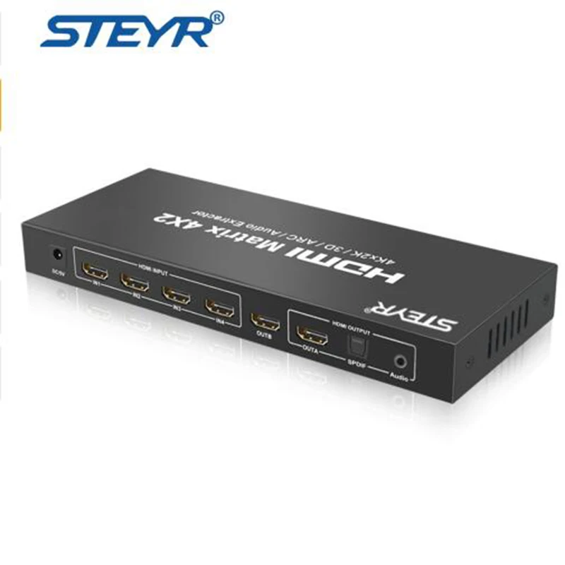 

4x2 HDMI True Matrix(Ultra HD 4Kx2K),STEYR 4 In 2 Out HDMI Splitter Switcher Switch with Optical,3.5mm Audio Output,IR Remote