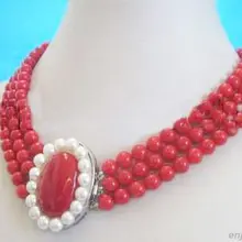 Замечательный счастливый ювелирные изделия 3 ряда красный коралл бусины белый жемчуг застежка кулон Necklacee Широкий