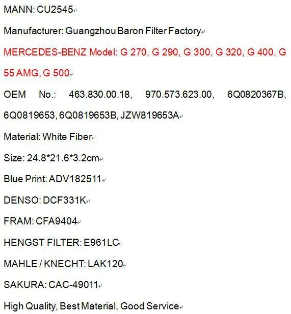 cu2545 обувь по заводским ценам 4638300018 прочный белый Волокно воздушный фильтр автомобиля кабина для Mercedes-Benz 24.8*21.6*3.2 см