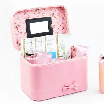 

New solid color square hand cosmetic bag fashion square cosmetic box waterproof bow large capacity storage case