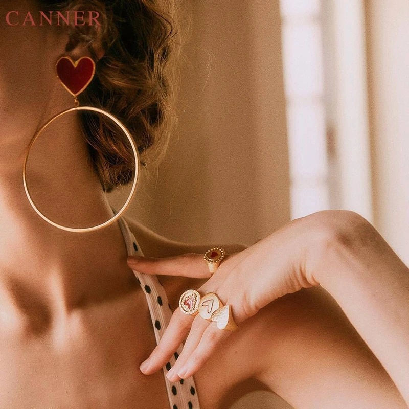 Red Love Heart Earring Gold Big Circle Drop Earrings for Women Lady