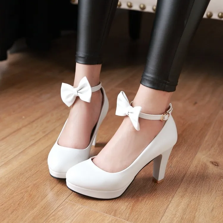 

Big Size 11 12 13 14 15 platform heels women shoes woman pumps ladies Button bold-heeled bow with pointed and shallow mouth