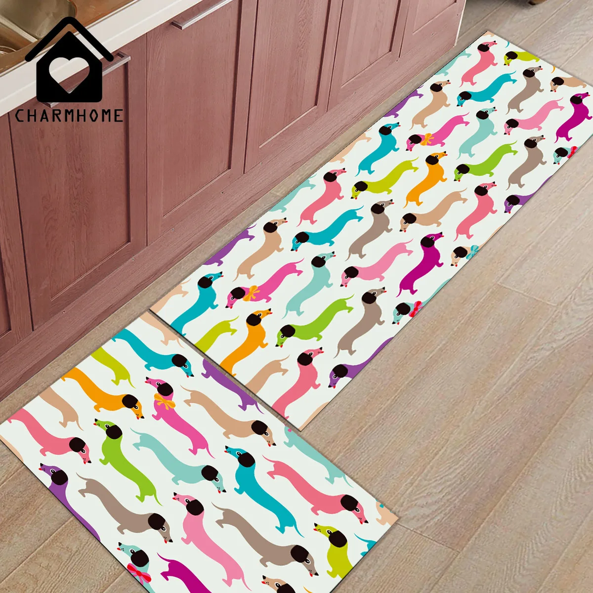 CHARMHOME 2Pcs/Set Dachshund Catoon Dog Long Kitchen Mat Bath Carpet Floor Mats Home Entrance Doormat Bedroom Living Room Rug