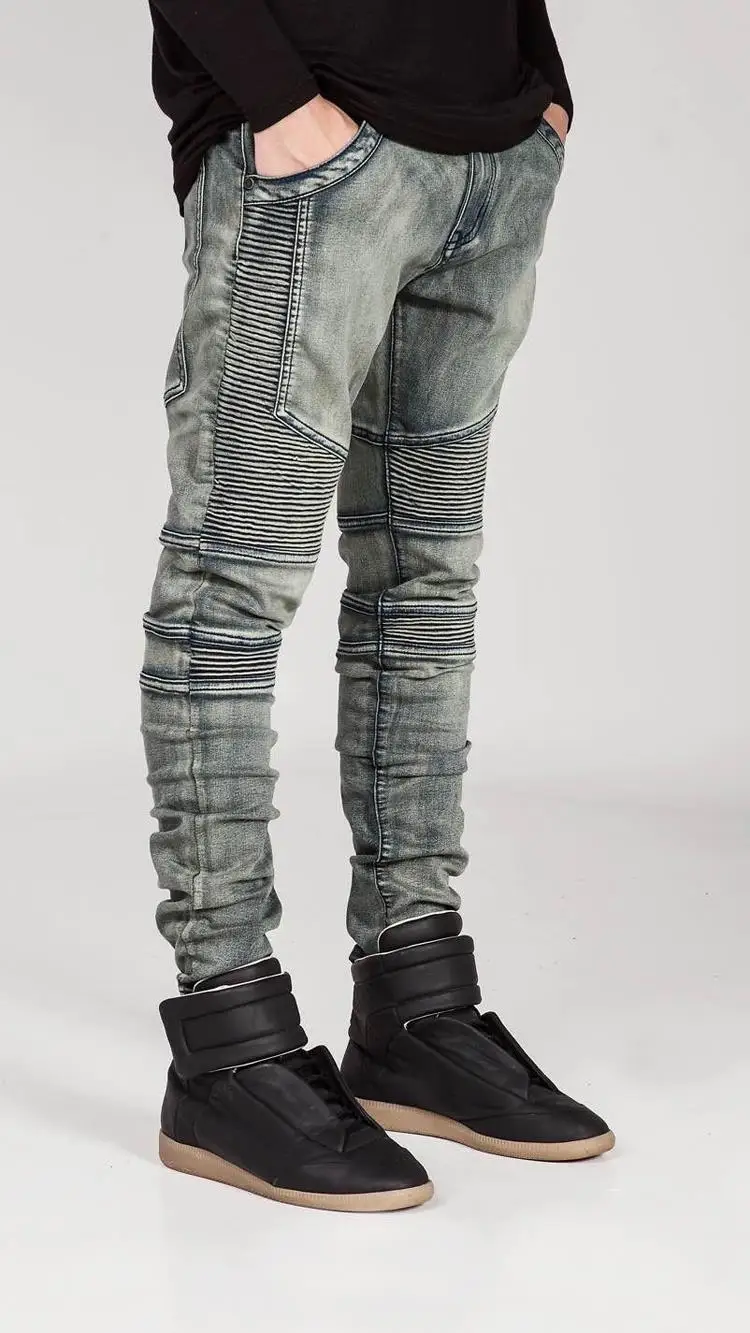 Брендовые мужские прямые облегающие байкерские джинсы, плиссированные ретро джинсовые брюки, мужские джинсы в байкерском стиле, джинсовые обтягивающие джинсы Homme размера плюс 42