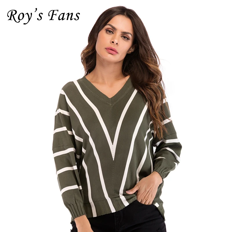 Roy's Fans Womens Autumn Striped Casual Sweater Long Sleeve V-Neck Pullovers Loose For Women | Женская одежда