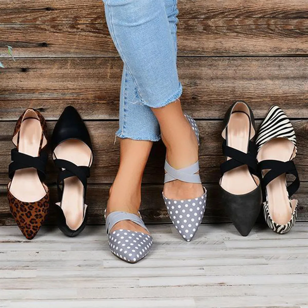 

MUQGEW 35-43 Size Elastic band Women Sandals Fashion Cover Heel Pointed Toe Flat Leopard Dot Casual Sandals Single Shoes #0710