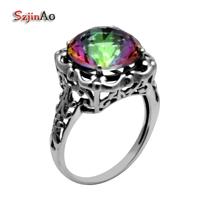 

Szjinao Fashion 100% 925 Sterling Silver Jewelry Flowers Rainbow Topaz Female Wedding Ring Wholesale
