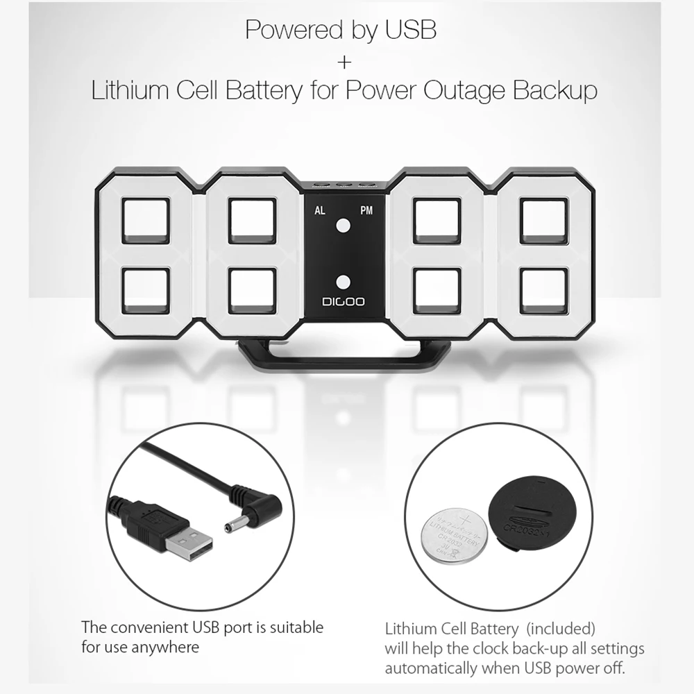Digoo DC-K3, многофункциональные большие 3D светодиодный цифровые настенные часы, будильник с функцией повтора, дисплей 12/24 часов