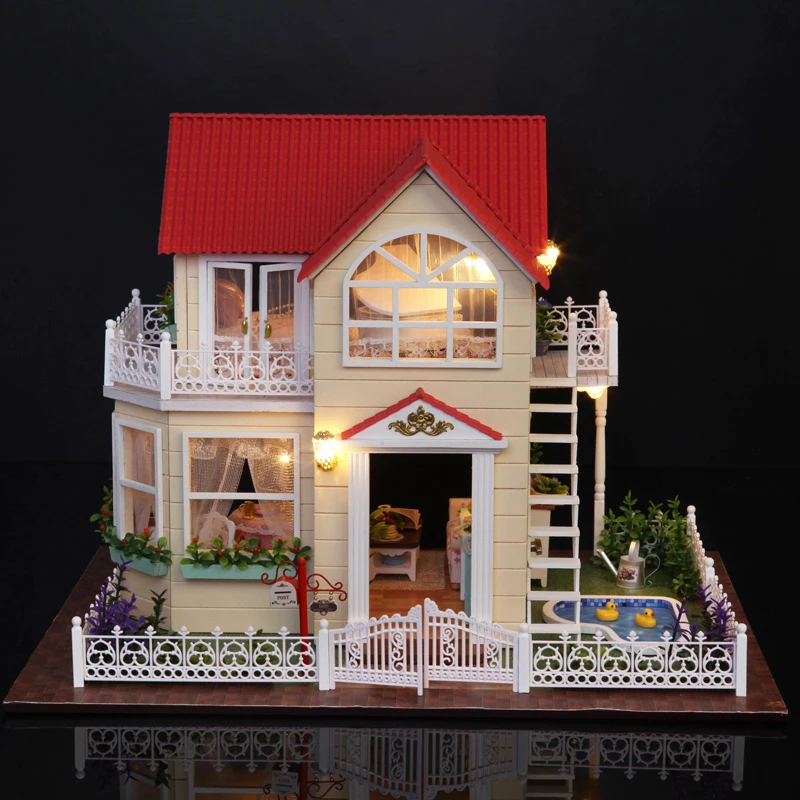 

DIY Model Doll House Casa Miniature Dollhouse with Furnitures LED 3D Wooden House Toys For Children Gift Handmade Crafts A033 #E