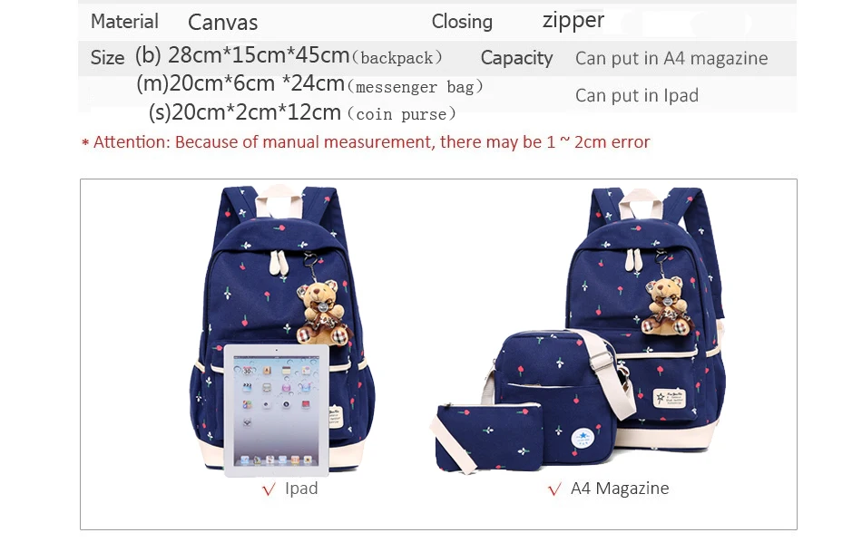 3 шт./компл. женские рюкзаки, повседневный принт, школьный рюкзак для девочки, холщовые школьные сумки для девочек-подростков, дорожная Студенческая сумка