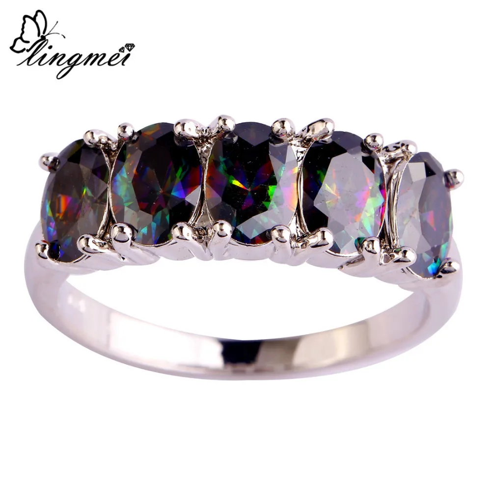 

lingmei Wholesale New Mysterious Jewelry Fashion Unisex Oval Rainbow CZ Silver Color Ring Size 6 7 8 9 10 Romantic Love Style