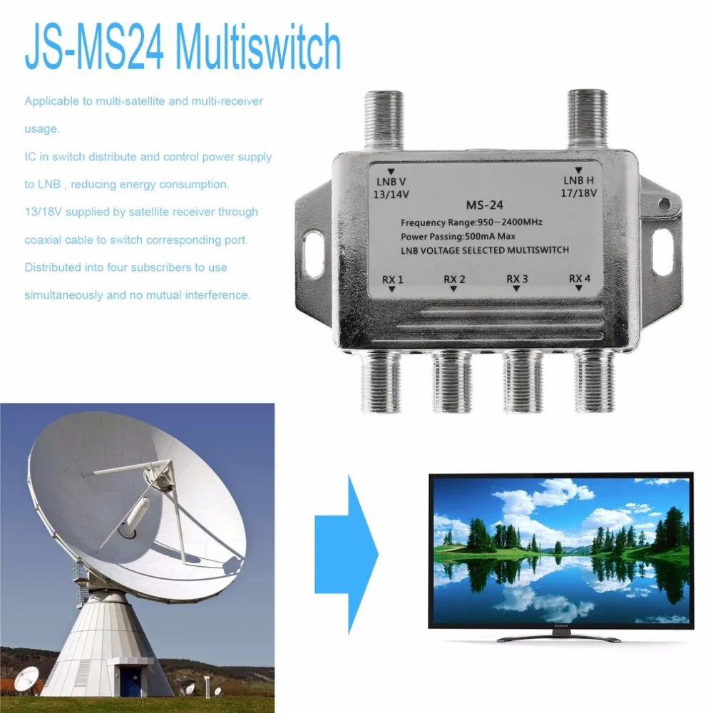 Newest 2 In 4 Out JS MS24 Satellite Signal Multiswitch LNB Voltage