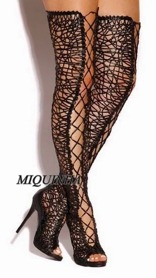 most popular sexy over-the-knee women long boots peep toe cut-outs lace up thin high heel shoes nightclub fashion footwear