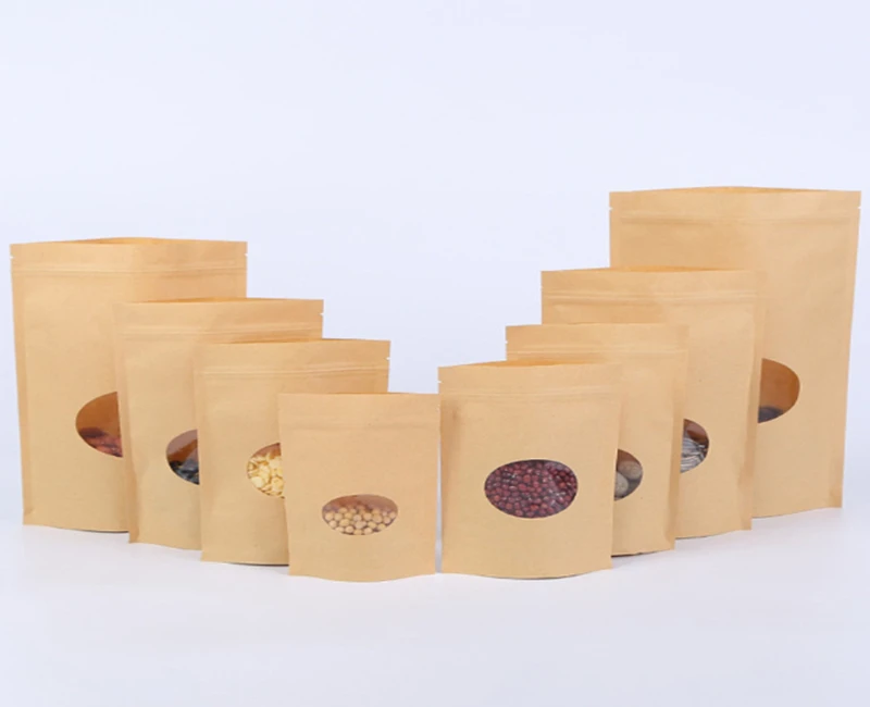 

Zip Lock Standing Kraft Paper Bags with Round Window Yellow Kraft Pack Storage Dried Food Fruits Tea Electronic Product Pouches