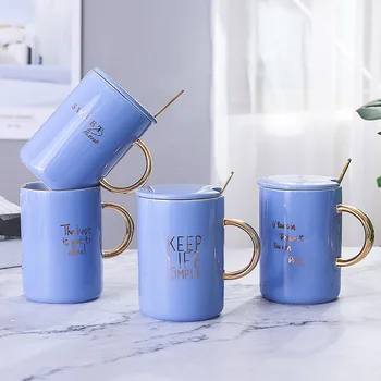 

Creative blue ceramic mug with spoon lid,golden handle coffee cup Literary youth mugs Porcelain Milk Tea Breakfast Cup