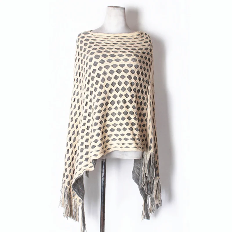 

New Womens Double Layer Irregular Tassel Poncho Cape Shawls Wrap Hallow Lattice Batwing Knit Sweater