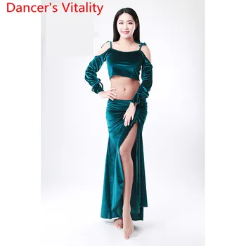 

Belly Dance Velour Winter Drawstring Lacing Top Sexy Long Skirt Set Oriental Indian Dance Beginners Spring Training Outfits