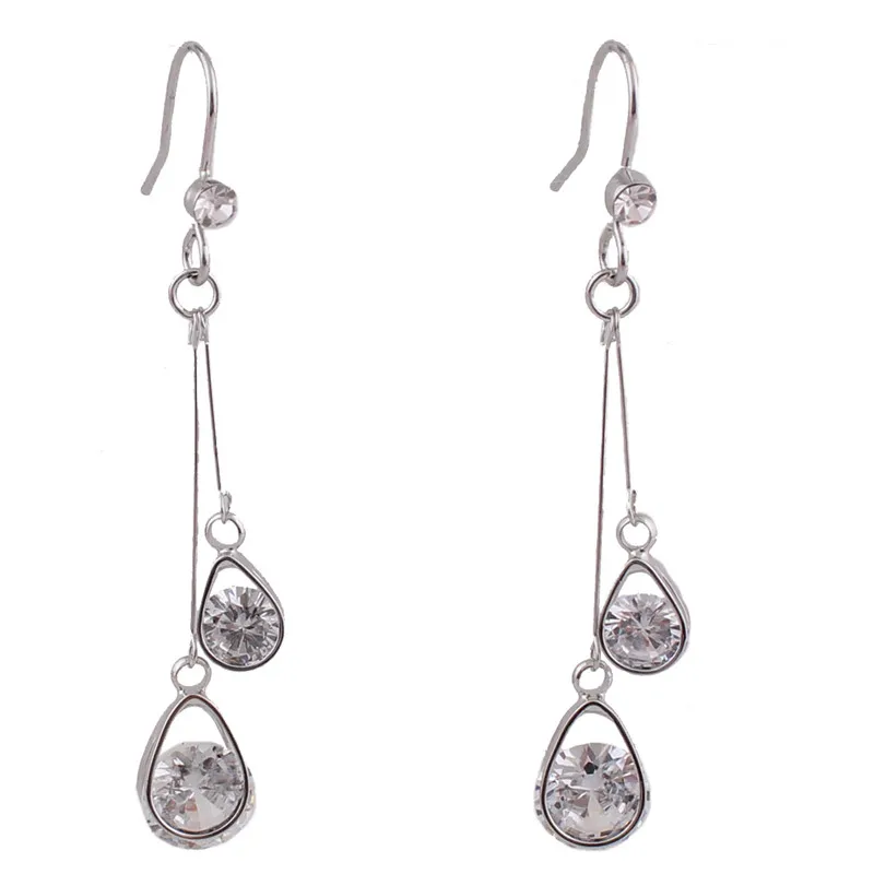 silver ear hook Бренд Grace Jun корейский стиль CZ Двойной капли воды форма клип на серьги без необходимости прокола для женщин вечерние Свадебный кулон бижутерия - Окраска металла: silver ear hook